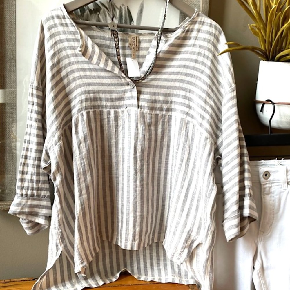 XCVI Striped Linen Top Gray & White
